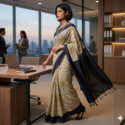 Woman in a saree standing in an office with cityscape view
