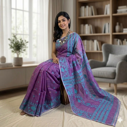 Woman in a purple and blue saree sitting in a room with a bookshelf and chair.