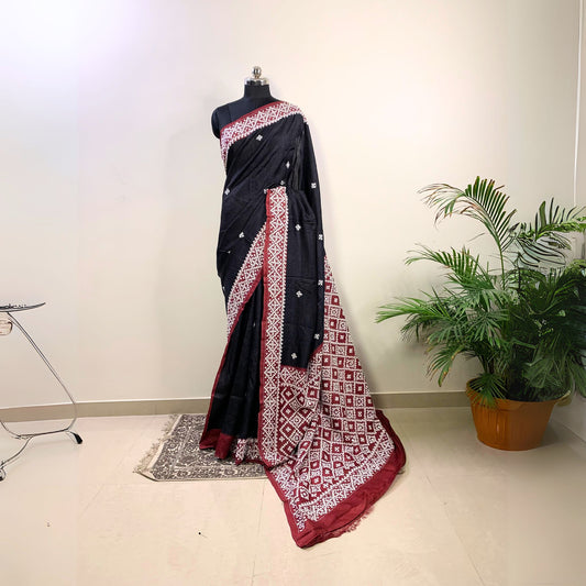 Black Tussar Silk Saree –  Hand Embroidered Gujrati Stitch