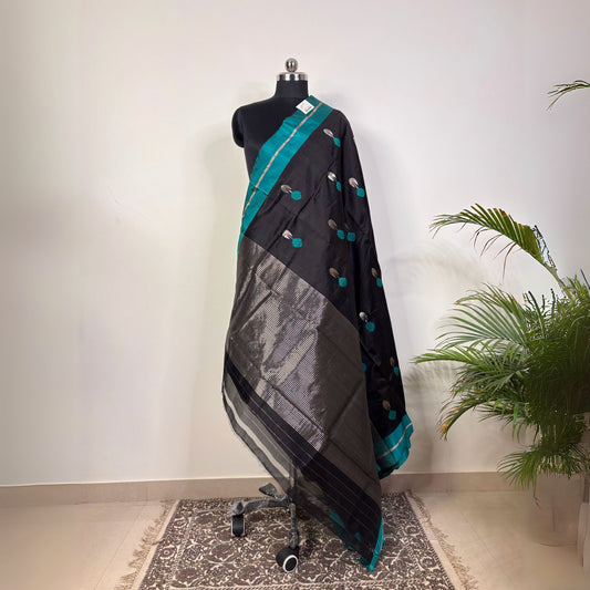 Black & Turquoise Blue Silver Zari Chanderi Silk Saree