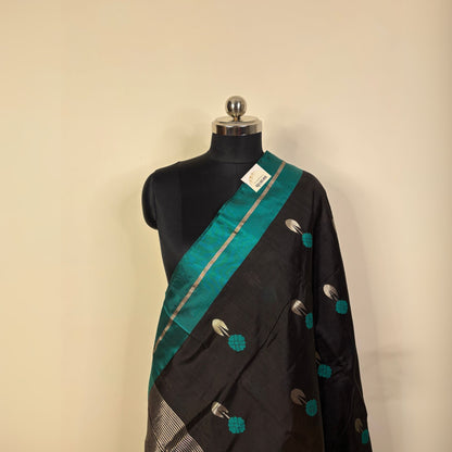 Black & Turquoise Blue Silver Zari Chanderi Silk Saree