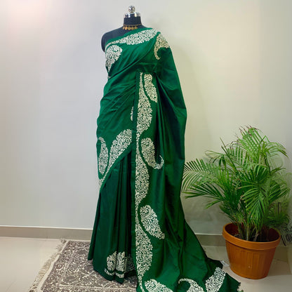 Green Pure Silk Kantha Stitch Saree 