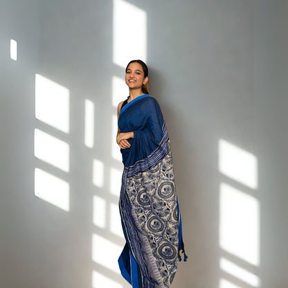 Dark Blue Designer Khadi Cotton Saree