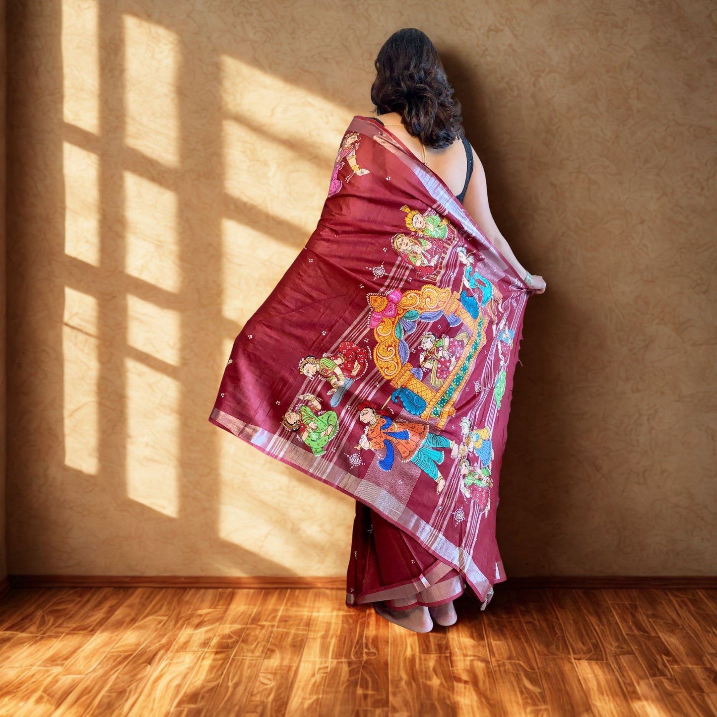 Maroon Hand-Painted Pattachitra Linen Saree