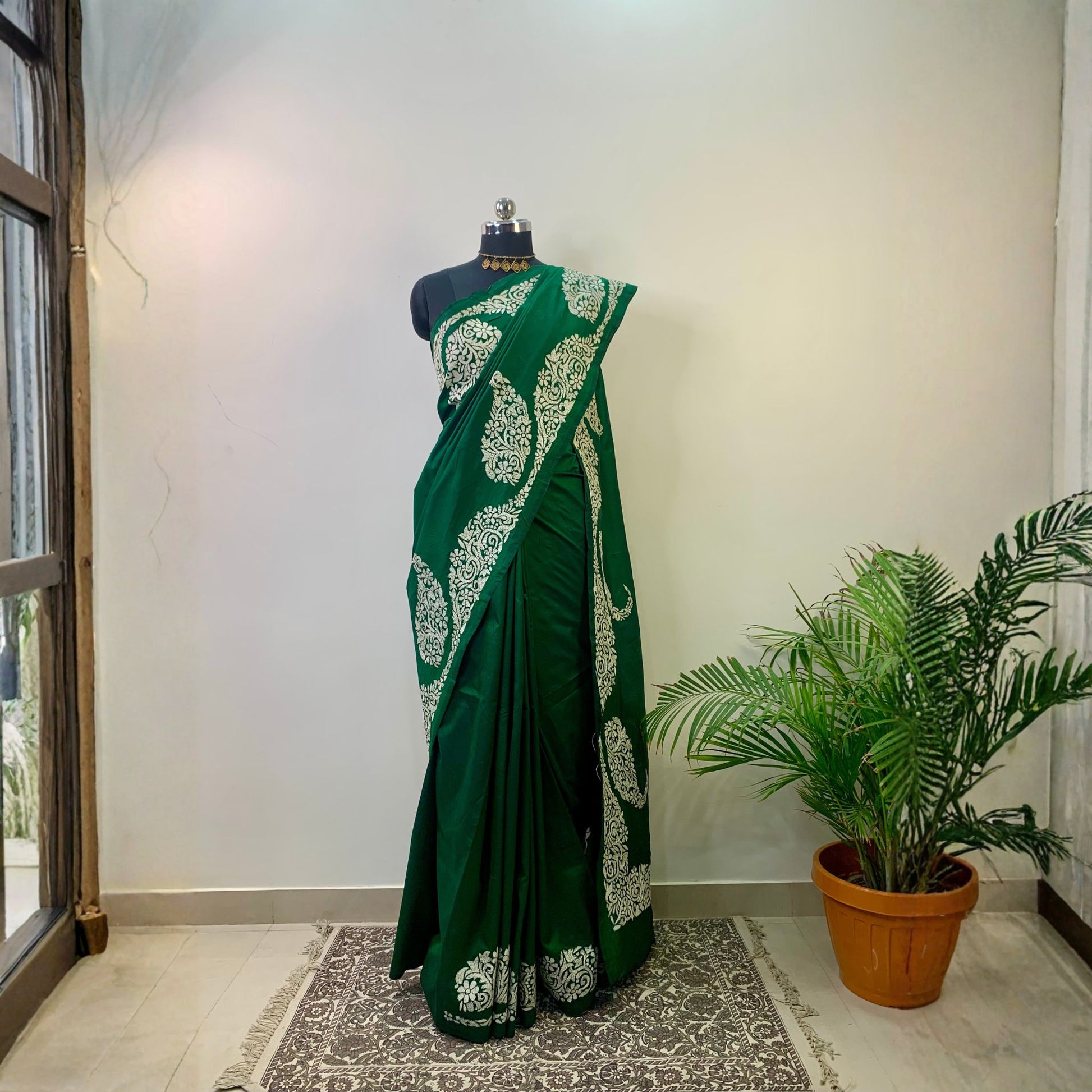 Green Pure Silk Kantha Stitch Saree 