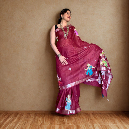Maroon Hand-Painted Pattachitra Linen Saree