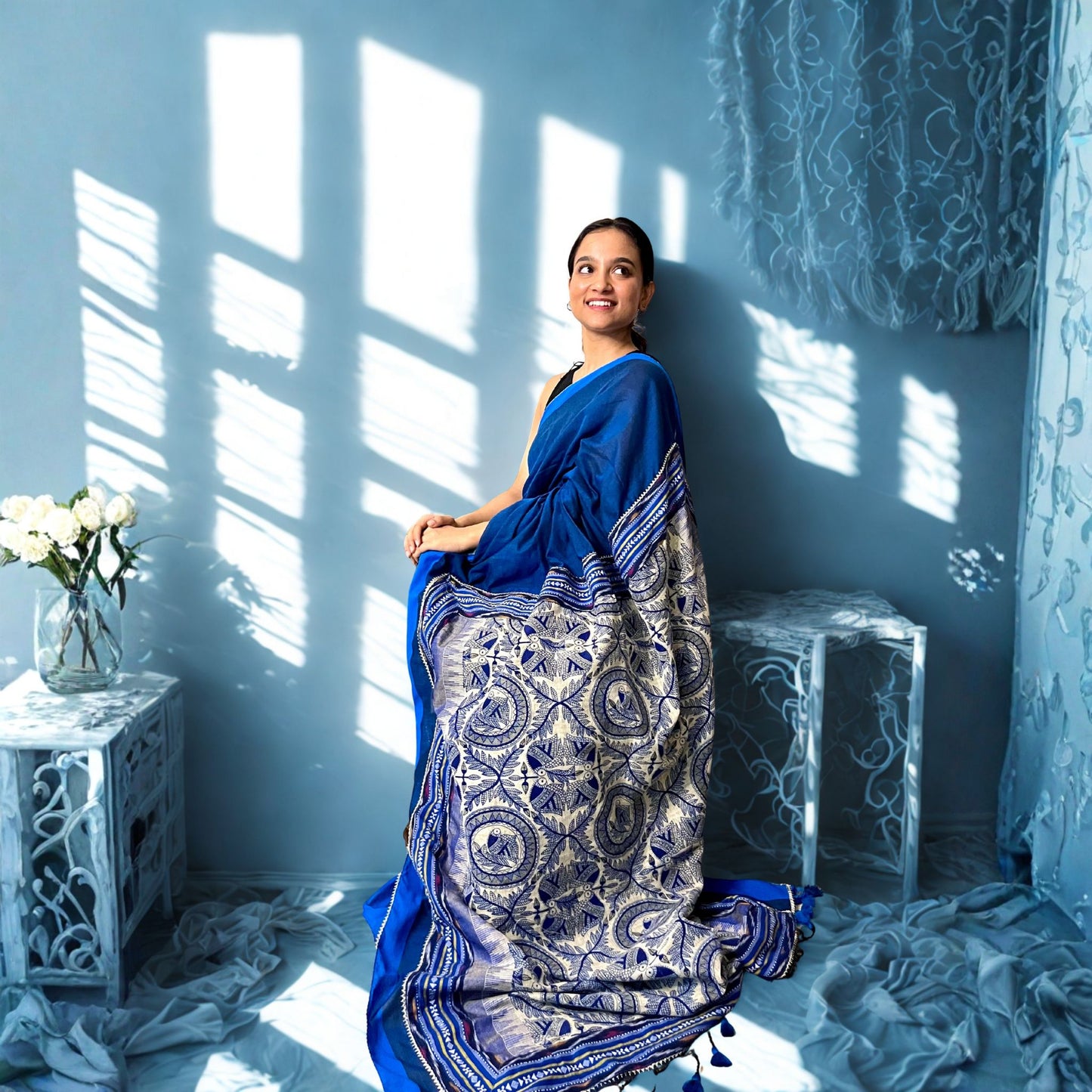 Dark Blue Designer Khadi Cotton Saree