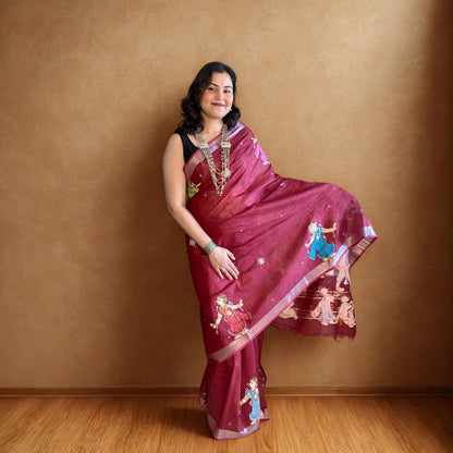 Maroon Hand-Painted Pattachitra Linen Saree