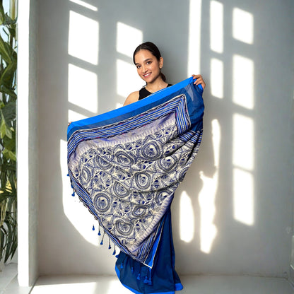 Dark Blue Designer Khadi Cotton Saree