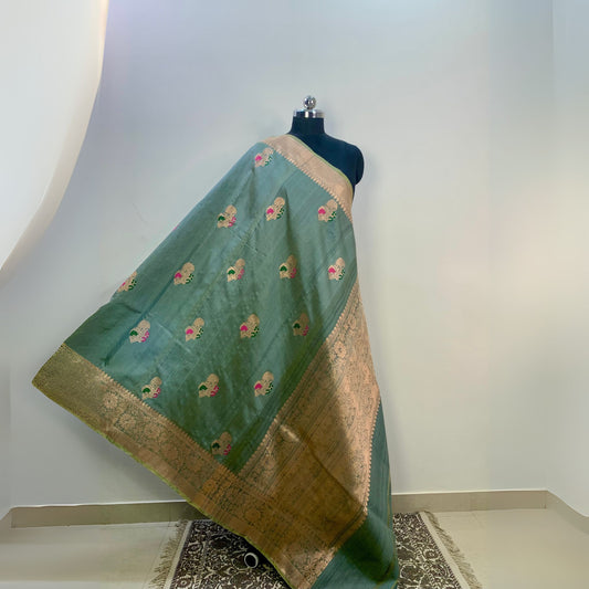 Pesta Green - Pink Minakari Tussar Banarasi Silk Saree