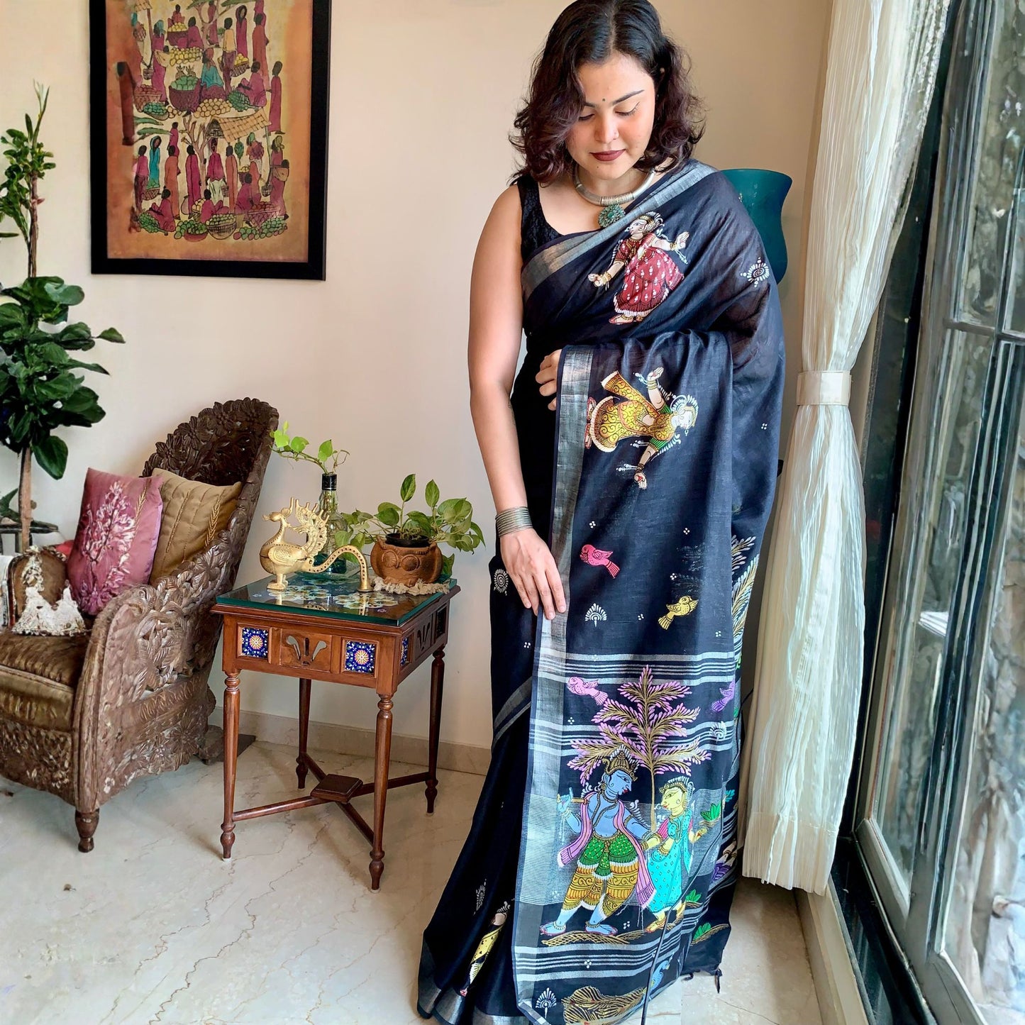 Black Hand-painted Pattachitra Linen saree