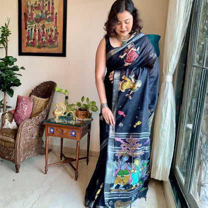 Black Hand-painted Pattachitra Linen saree