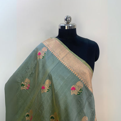 Pesta Green - Pink Minakari Tussar Banarasi Silk Saree