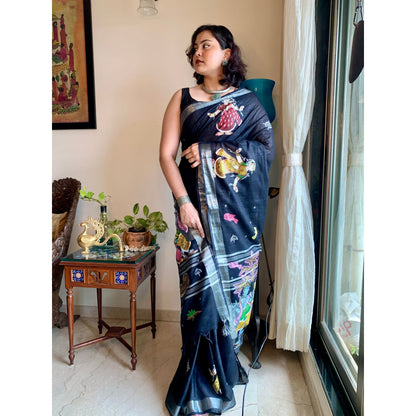 Black Hand-painted Pattachitra Linen saree