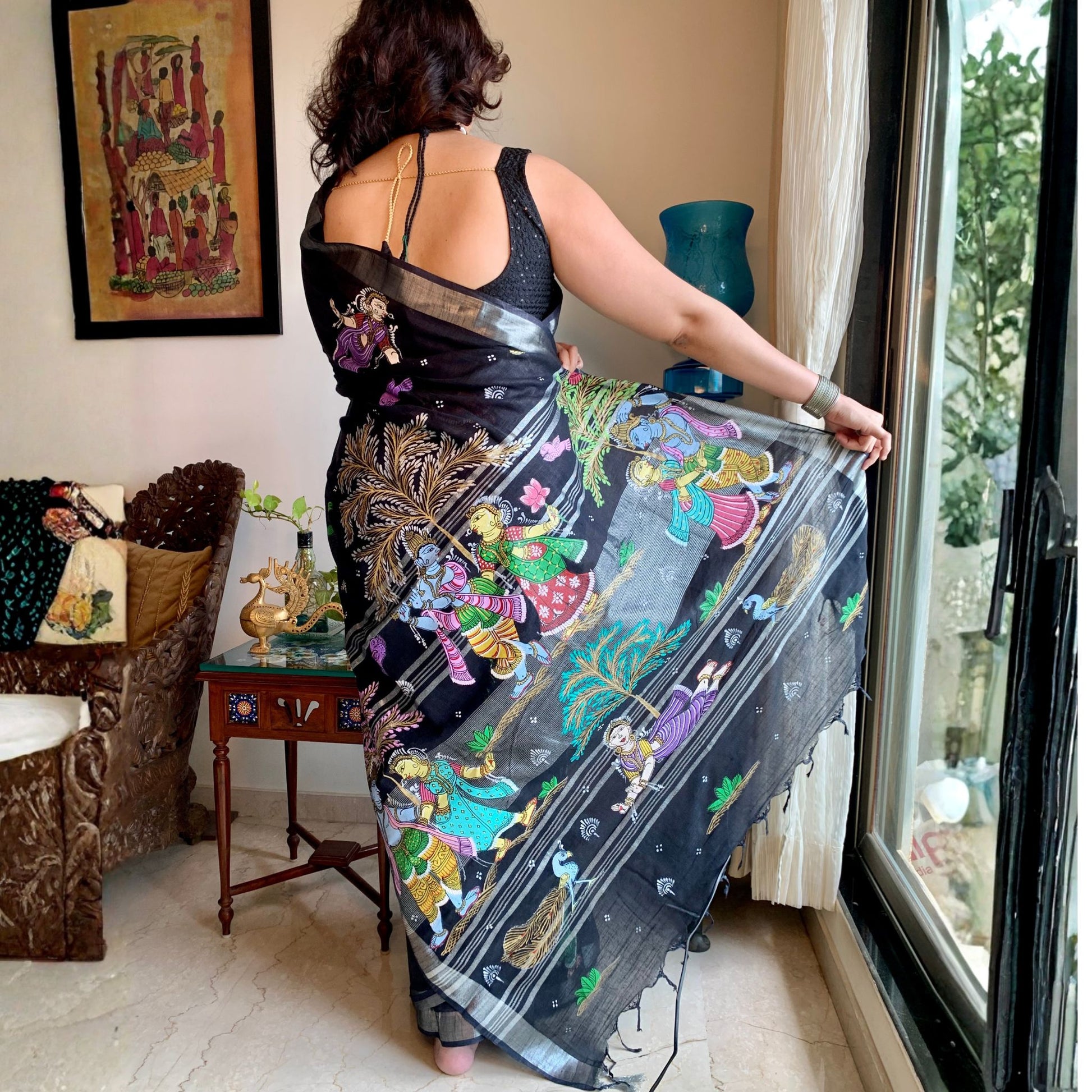 Black Hand-painted Pattachitra Linen saree