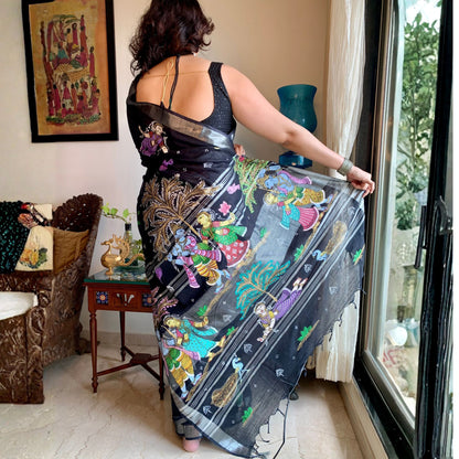Black Hand-painted Pattachitra Linen saree