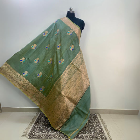 Pesta Green Tussar Banarasi Silk Saree