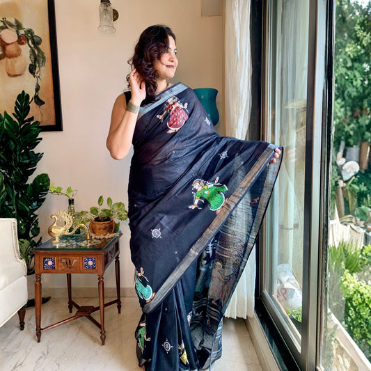 Black Hand-painted Pattachitra Linen saree