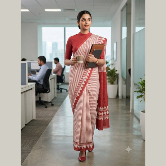 A woman walks down an office corridor wearing a red and white striped saree with a solid red blouse, holding a coffee cup and a folder.