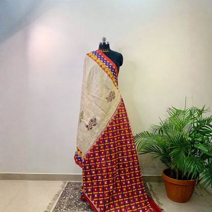 Tussar silk Saree Hand Embroidered Gujrati Stitch