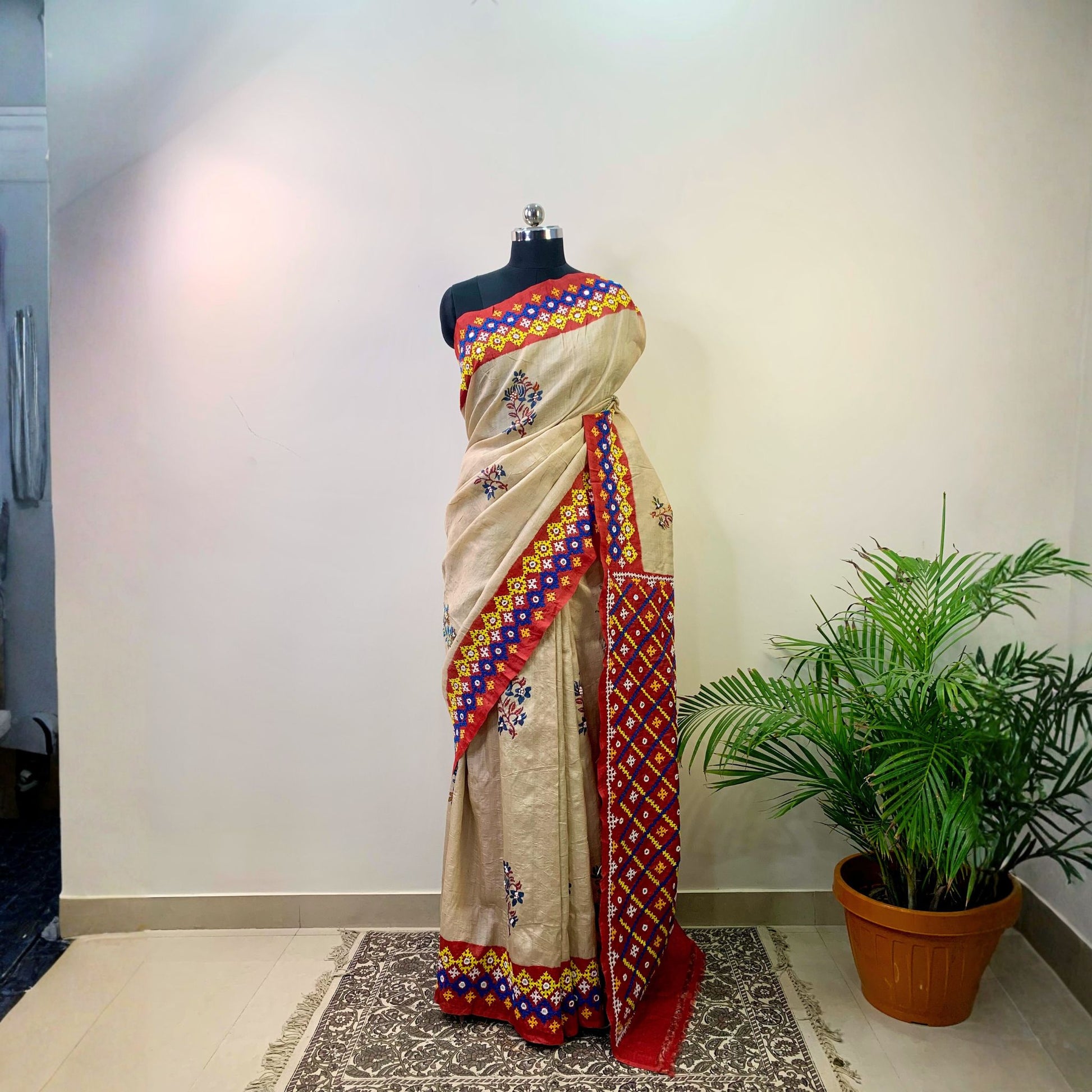 Tussar silk Saree Hand Embroidered Gujrati Stitch