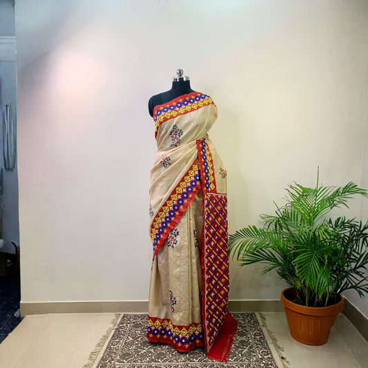Tussar silk Saree Hand Embroidered Gujrati Stitch