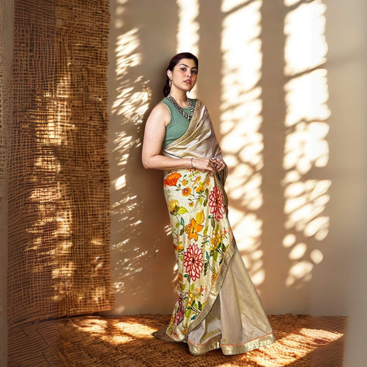 Beige Designer Katan Silk Saree