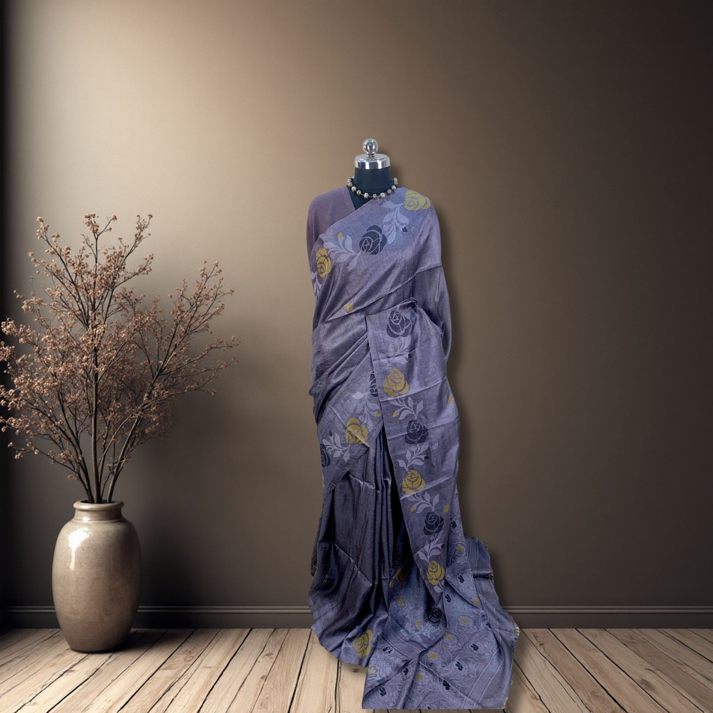 Grey Tussar Jamdani Saree