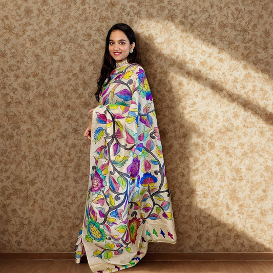 Madhubani Painting on Tussar Silk Saree