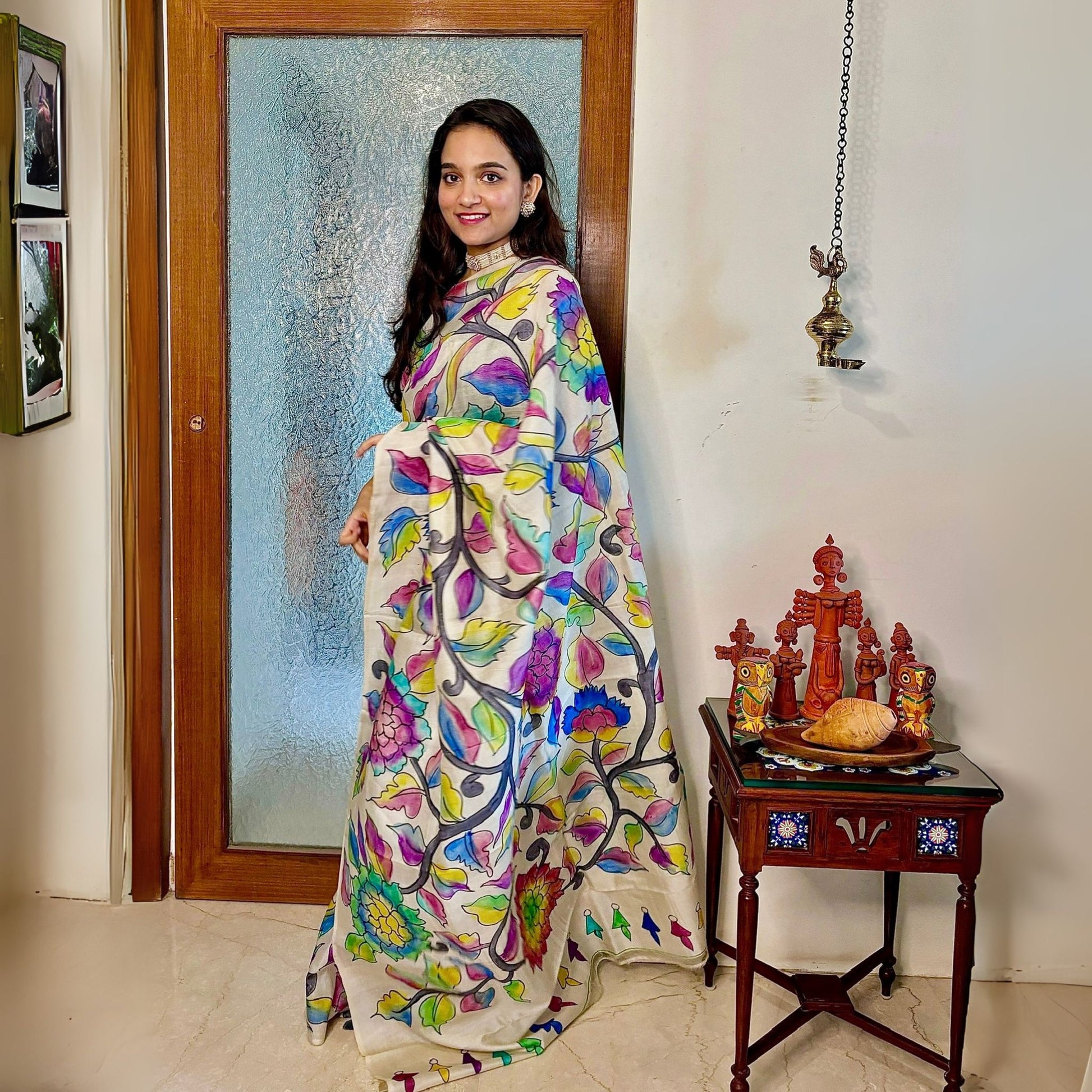 Madhubani Painting on Tussar Silk Saree