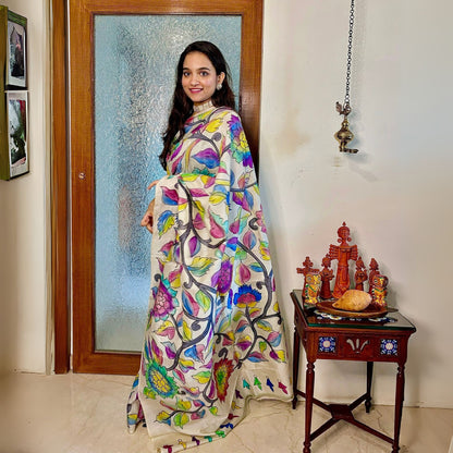Madhubani Painting on Tussar Silk Saree