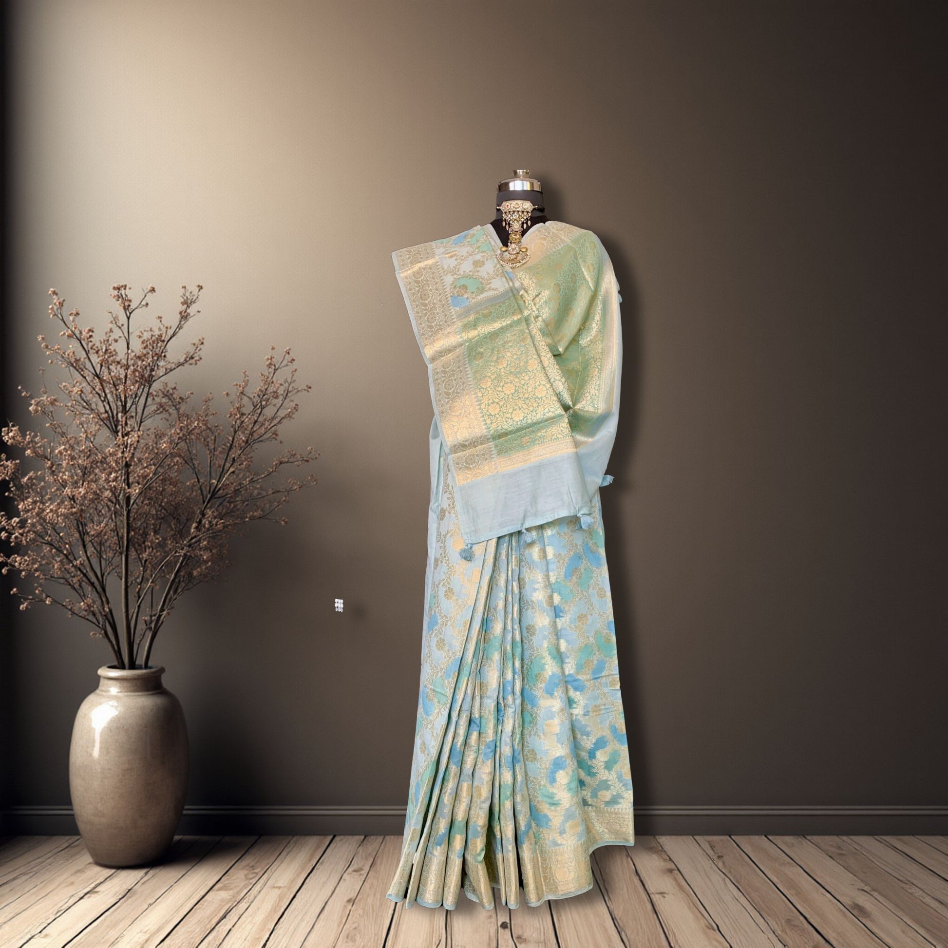 Light Blue Cotton Chanderi Rangkat Banarasi Saree