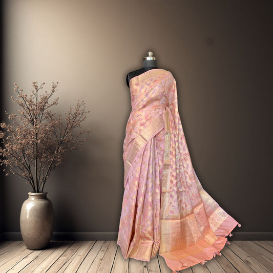 Peach Cotton Chanderi Rangkat Banarasi Saree