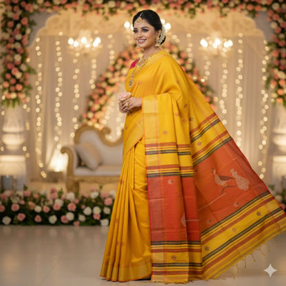 Yellow & Orange Pure Katan Silk Saree