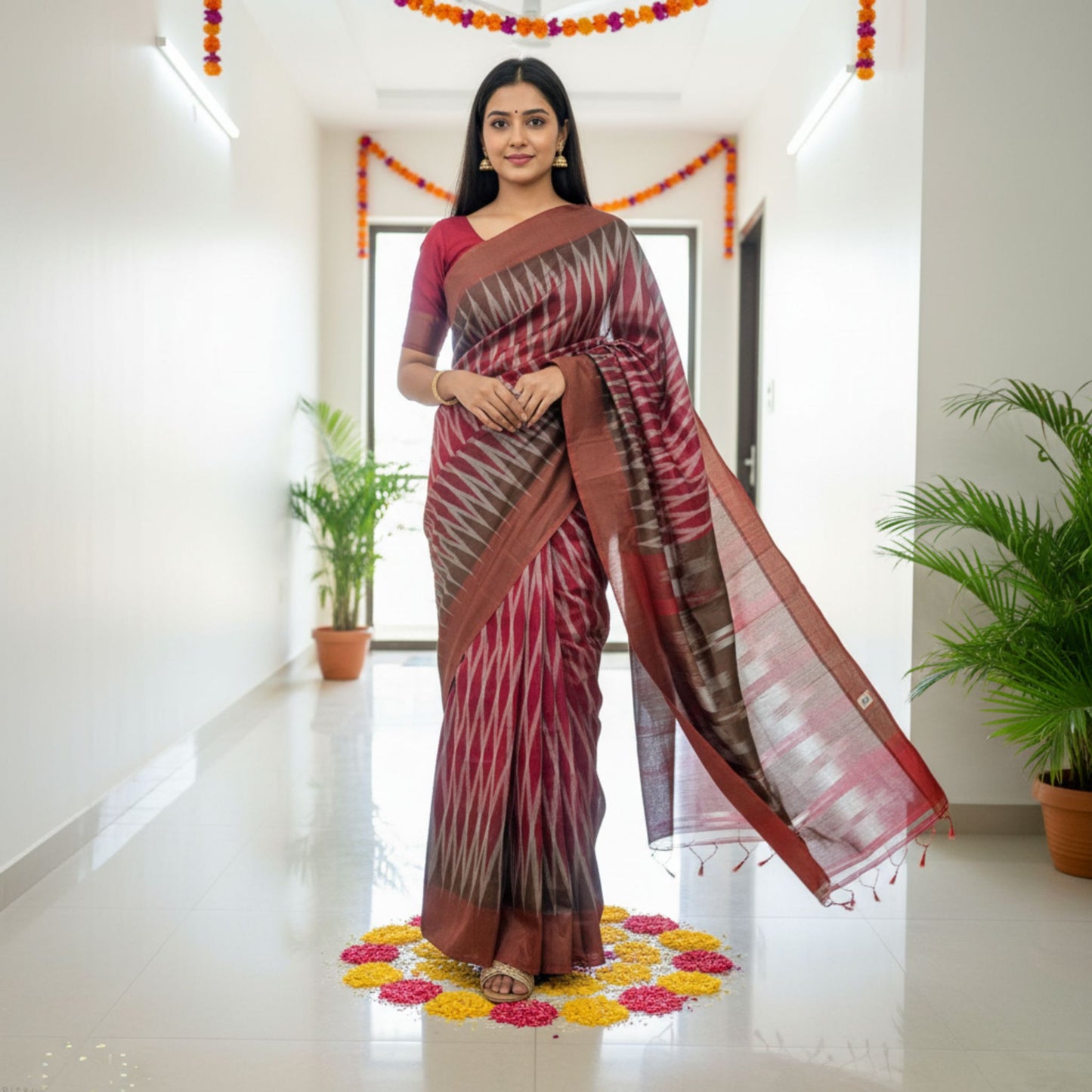 Woman in a traditional saree standing in a decorated indoor setting with plants and colorful decorations.