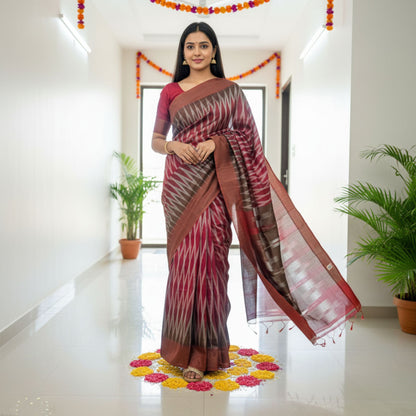 Woman in a traditional saree standing in a decorated indoor setting with plants and colorful decorations.