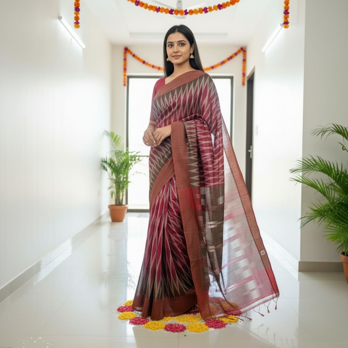 Woman in a traditional saree standing in a well-lit room with decorative elements.