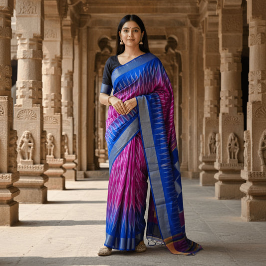 Woman in a blue and pink saree standing in an architectural setting