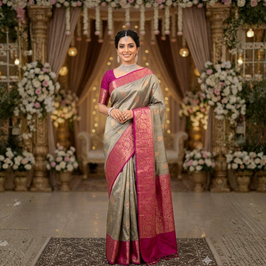 Woman in a traditional saree standing in a decorated indoor setting with flowers and lights.