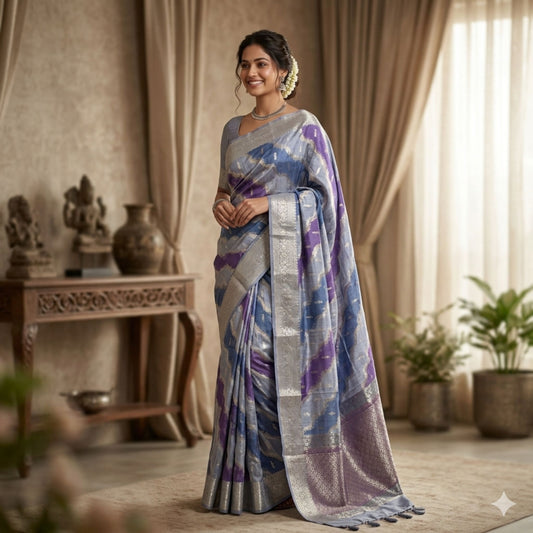 Woman in a traditional saree standing in a room with decorative elements.