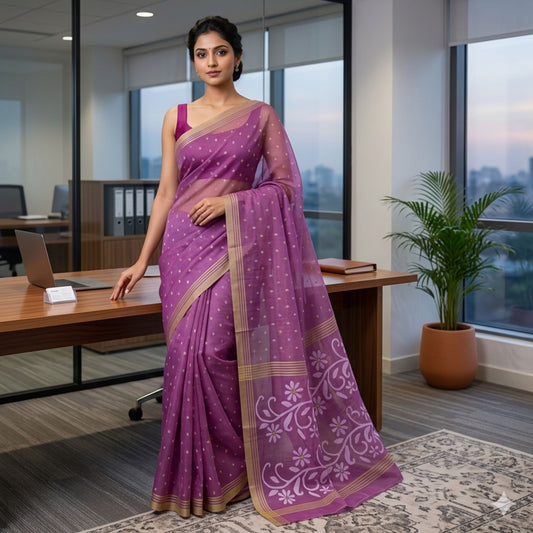 Woman in a purple saree standing in an office setting