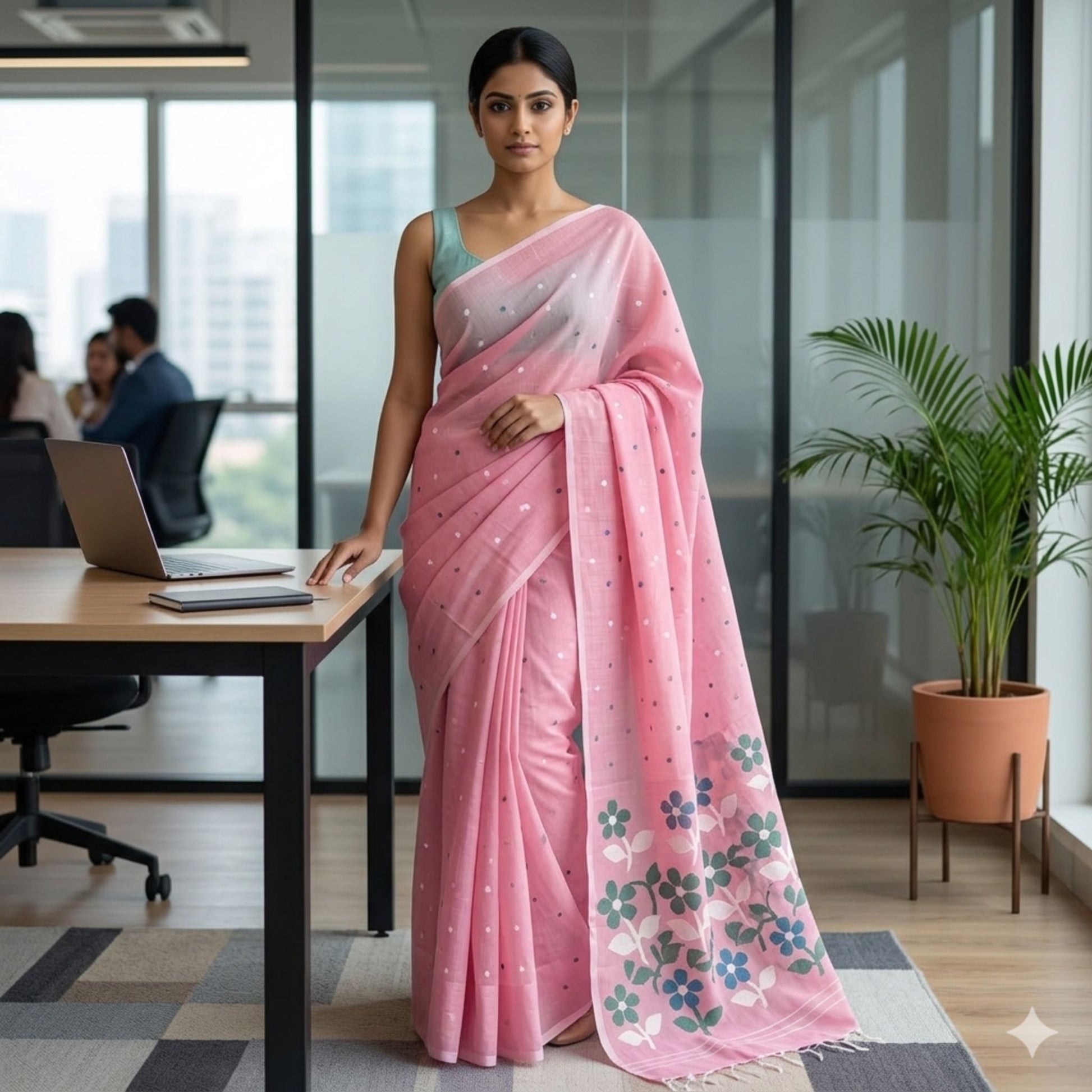 Woman in a pink saree standing in an office setting