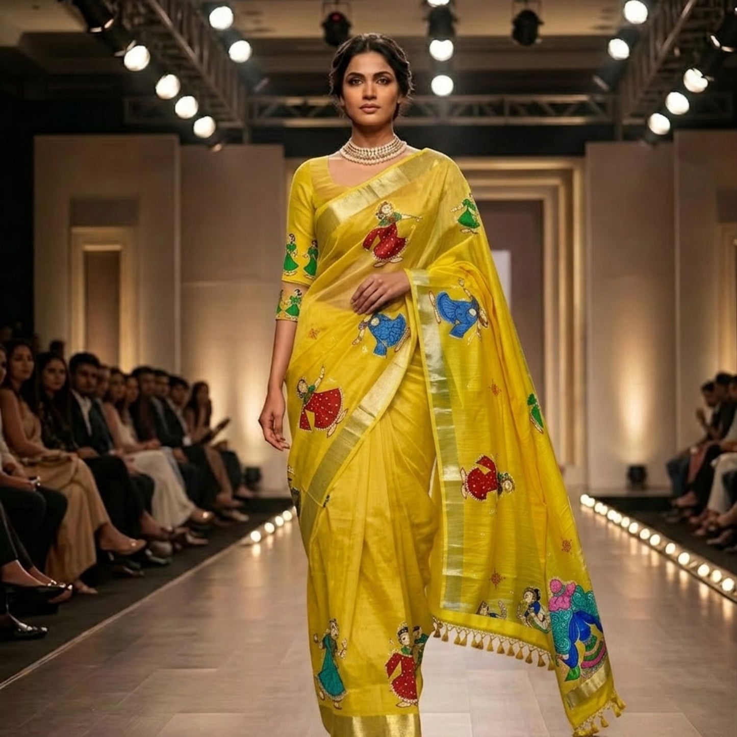 Model wearing a yellow saree with colorful patterns on a runway.