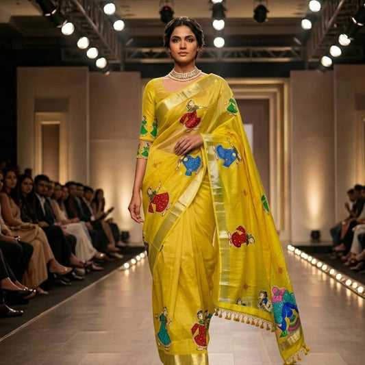 Model wearing a yellow saree with colorful patterns on a runway.