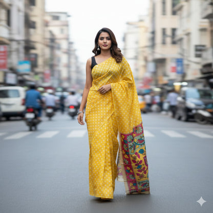 Yellow Tussar Silk Saree With Kalamkari Pallu