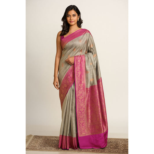 Light Grey & Pink Tussar Banarasi Silk Saree