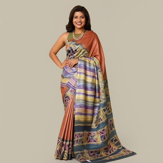 Alcohol Ink Painted  Light Rust Colour Tussar Saree