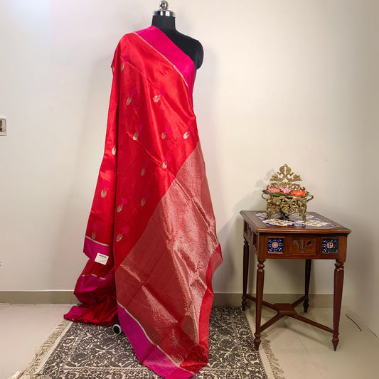 Red & Pink Silver Zari Chanderi Silk Saree