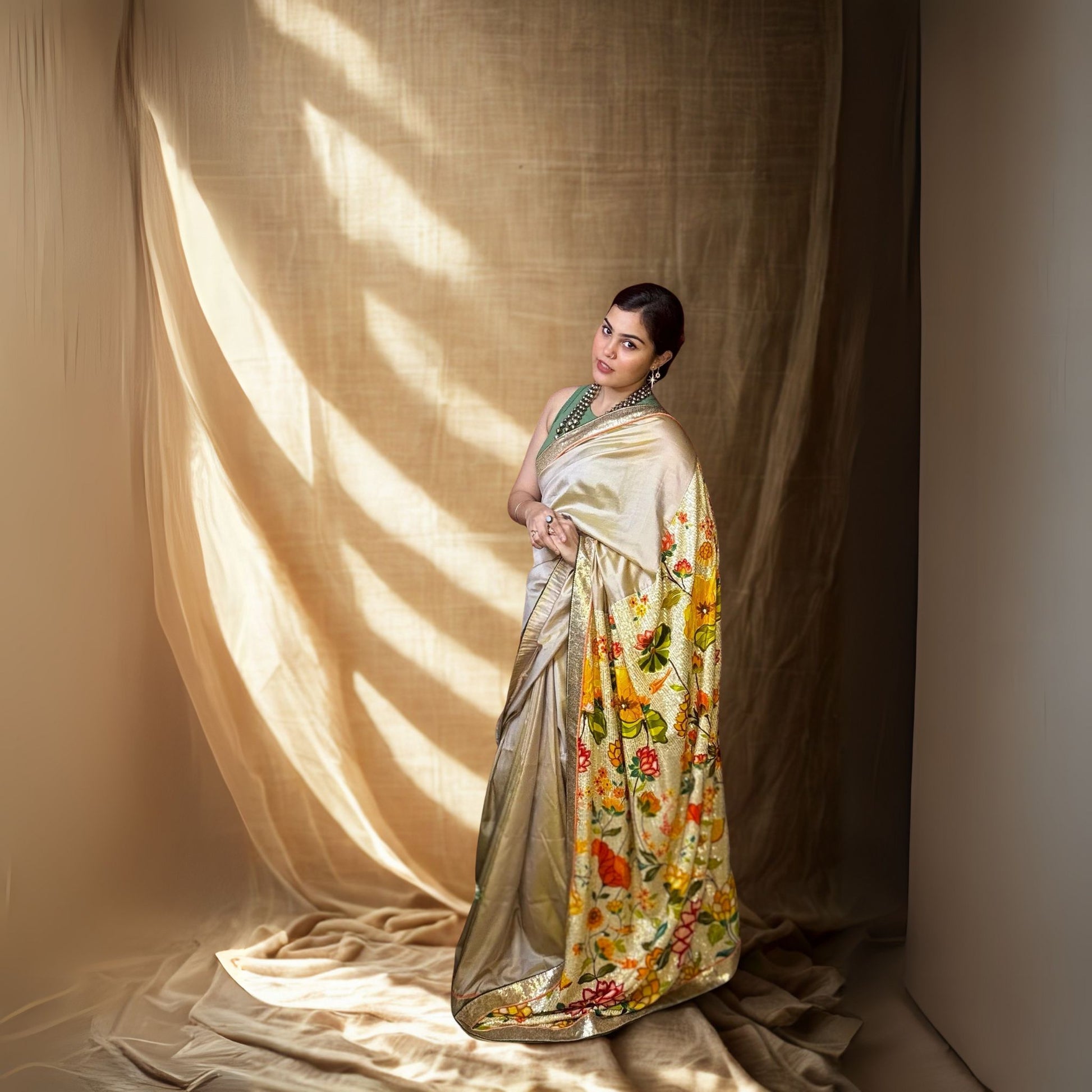 Beige Designer Katan Silk Saree