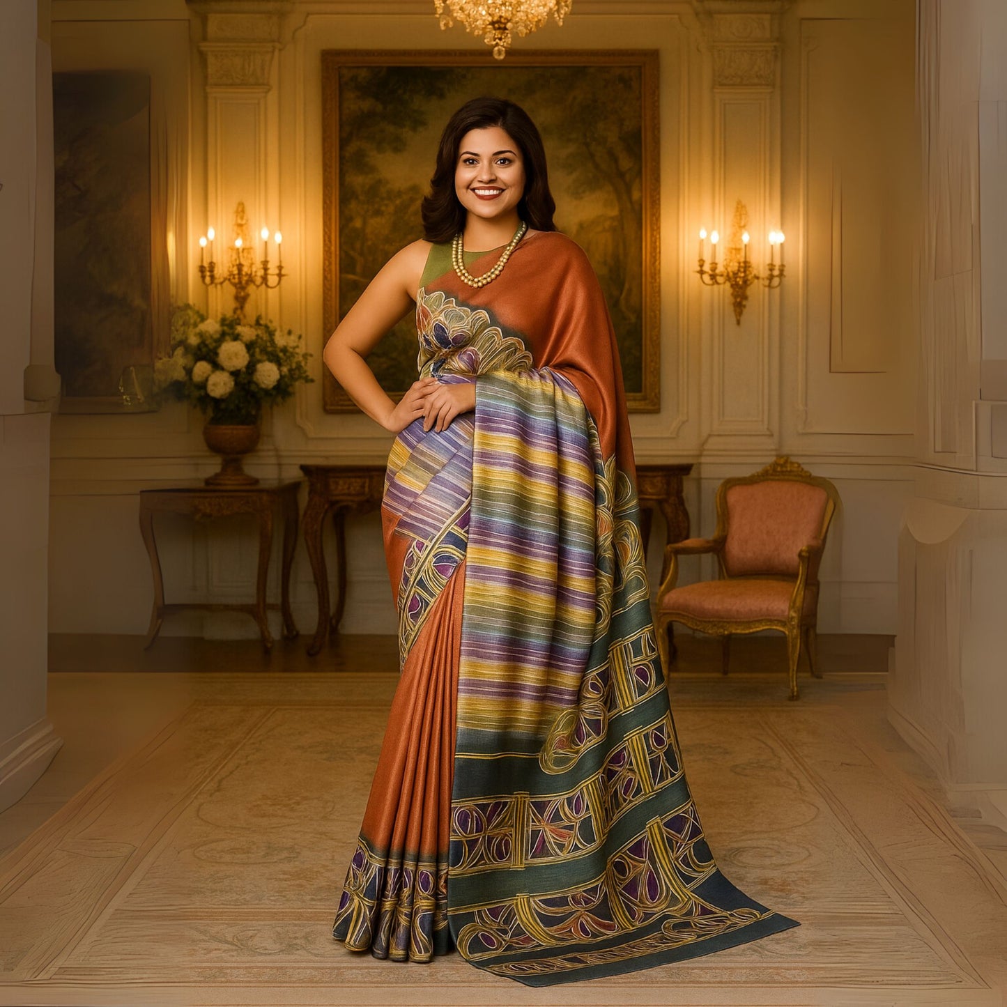 Alcohol Ink Painted  Light Rust Colour Tussar Saree